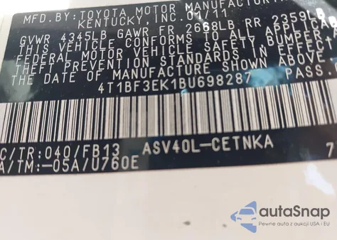 2011 Toyota Camry Le from USA, damaged, VIN 4T1BF3EK1BU698287